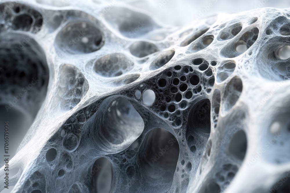 Poster abstract 3d render of a porous, spongy structure resembling bone or a network.