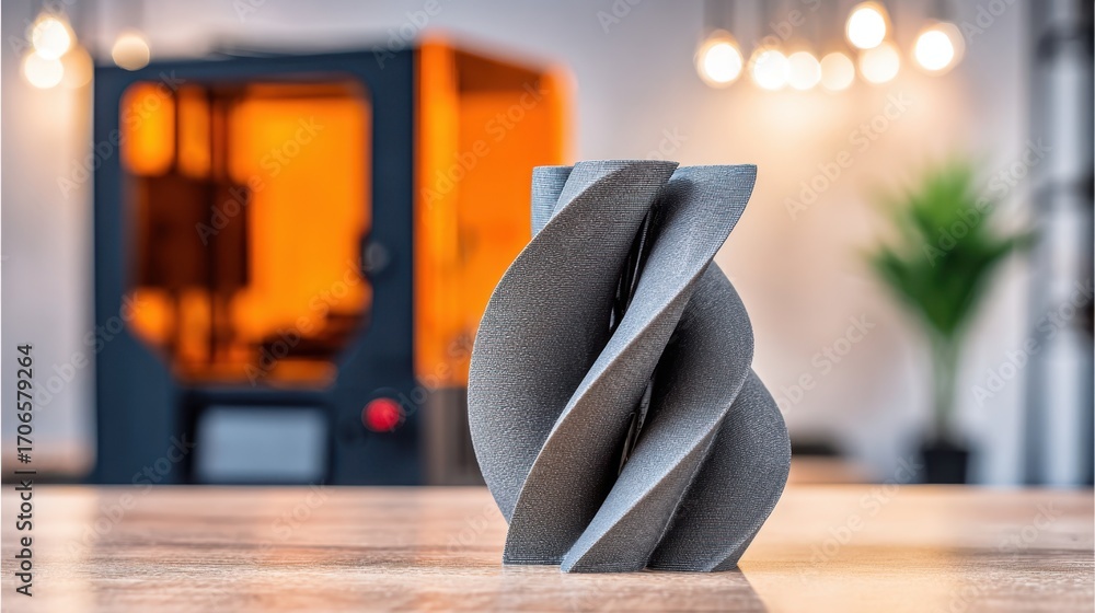 Poster detailed view of a metal 3d printed turbine blade in focus against a softly blurred workshop setting