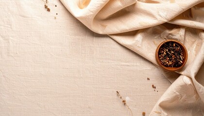 Ivory Muslin Fabric with Loose Tea in Wooden Bowl