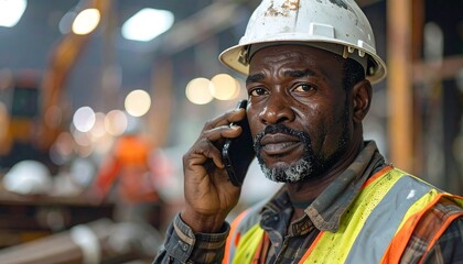 Serious worker talking on phone in industrial setting