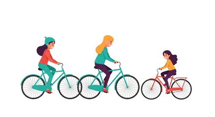 Fototapeta premium Three Happy Girls Riding Colorful Bicycles in Casual Clothes on White Background