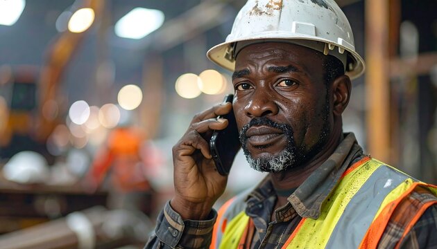 Serious worker talking on phone in industrial setting
