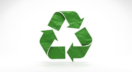 Obraz premium A textured green recycling symbol against a clean white background, representing environmental conservation.
