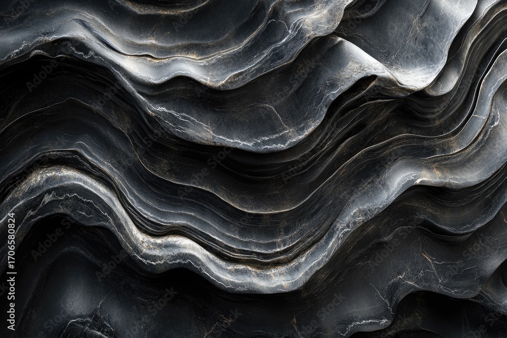 Poster abstract dark gray stone texture with wavy, layered patterns and hints of gold.