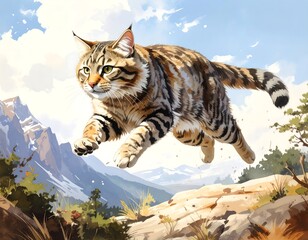 Fototapeta premium A tabby cat leaps over a mountain range