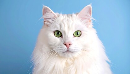 Close-up of fluffy white cat, vibrant light blue background