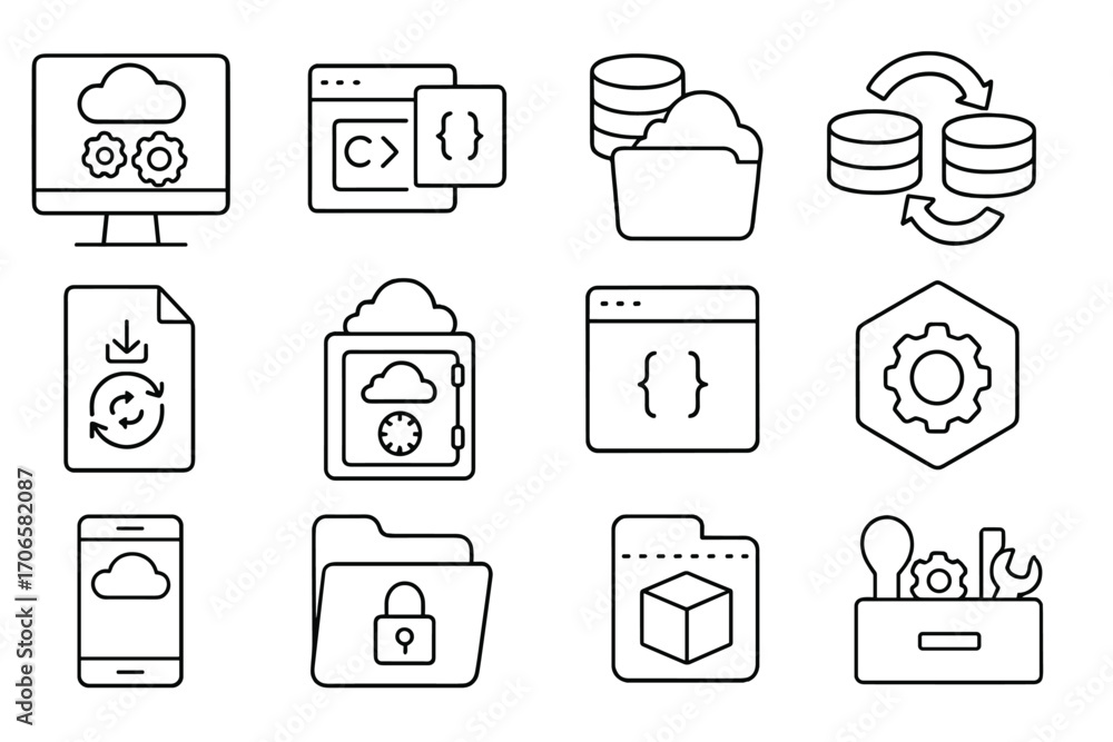 Poster cloud computing, data management line icon set. technology, networking icons outline collection