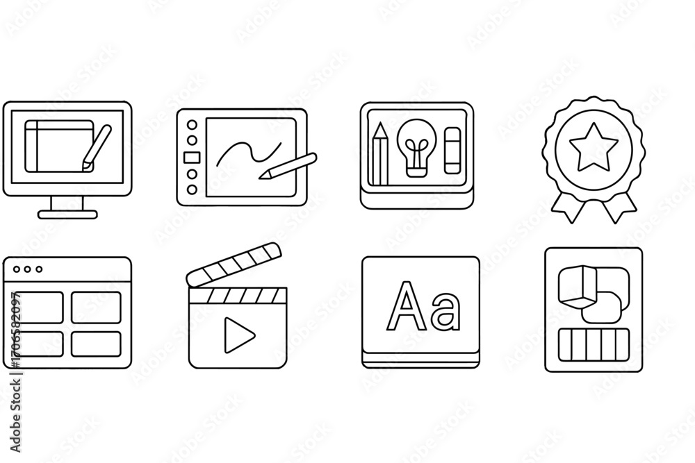 Poster web development line icon set. coding tools, interface elements, tech essentials