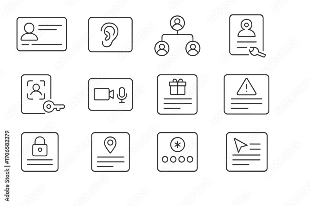 Poster online communication and security line icon set. digital interaction symbols collection