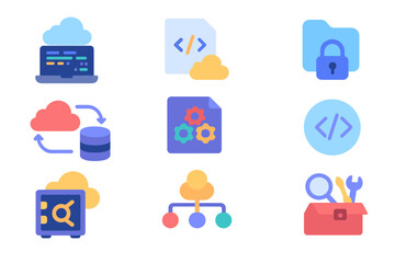 Cloud computing flat icon set. technology, data, security icons collection