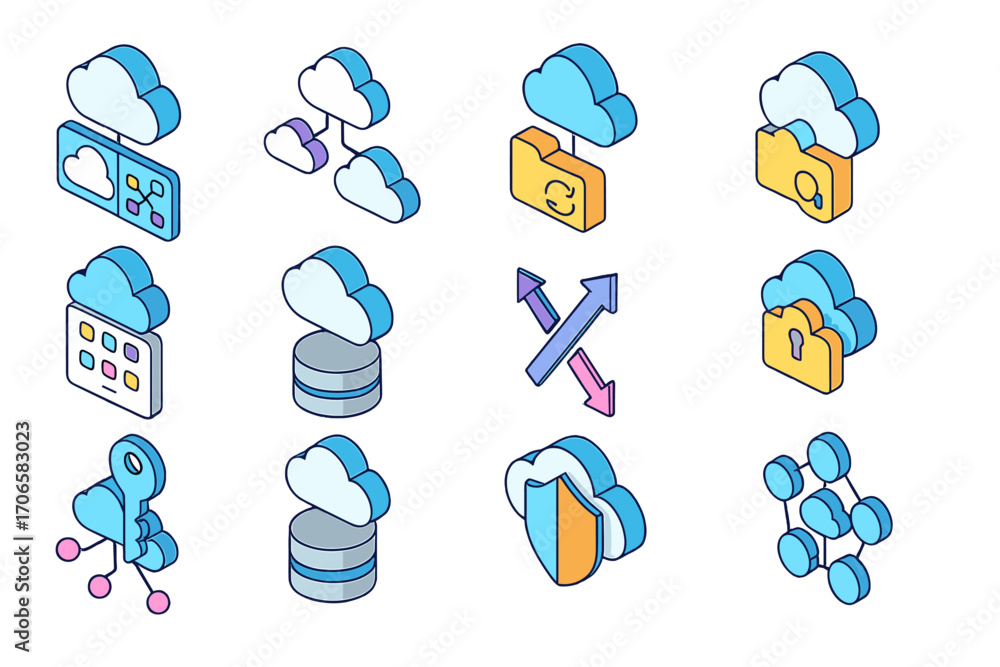 Poster cloud computing, database 3d icon set. network, security, data, storage icons