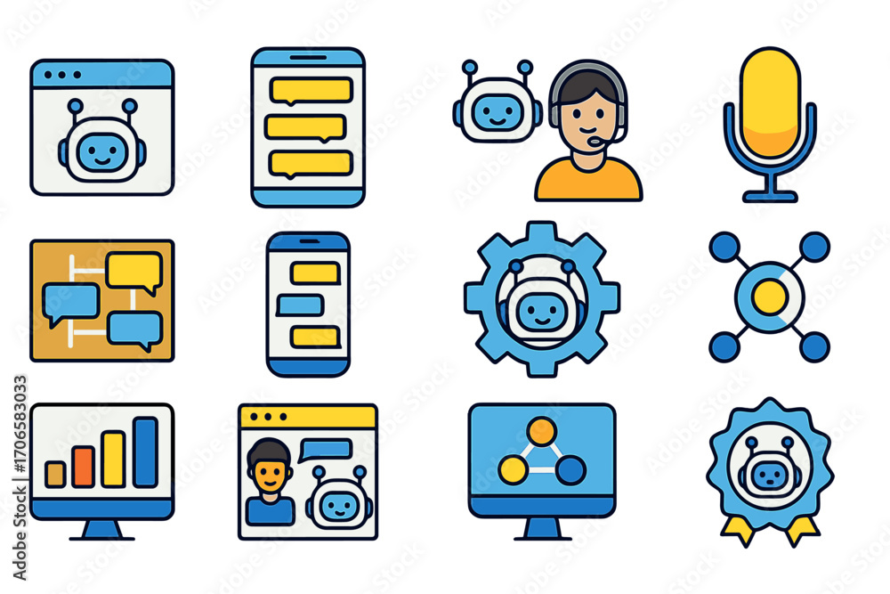 Poster chatbot and ai flat icon set. messaging, communication icons collection