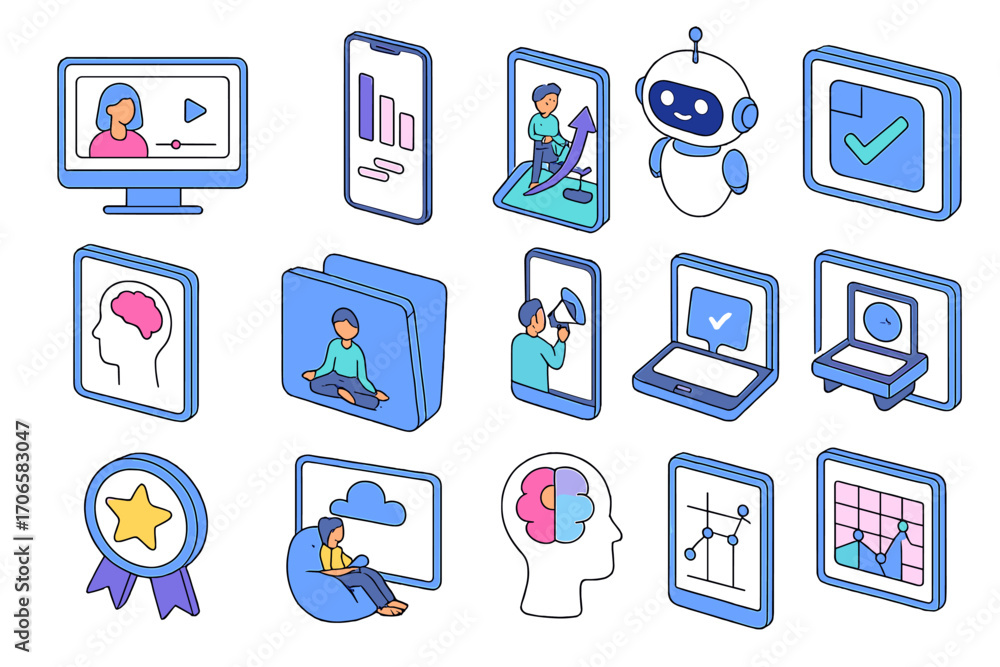 Aufkleber technology, ai 3d icon set. interactive, digital elements for interfaces and apps