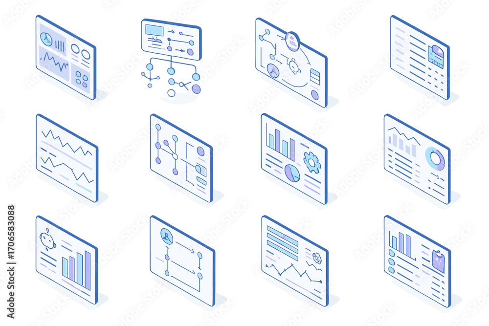 Poster data analytics 3d icon set. graphs, charts, and analysis tools collection