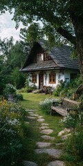 Fototapeta premium A quaint, whitewashed cottage nestled amidst a lush, flowering garden, a stone path leading to its wooden door, shaded by a large tree