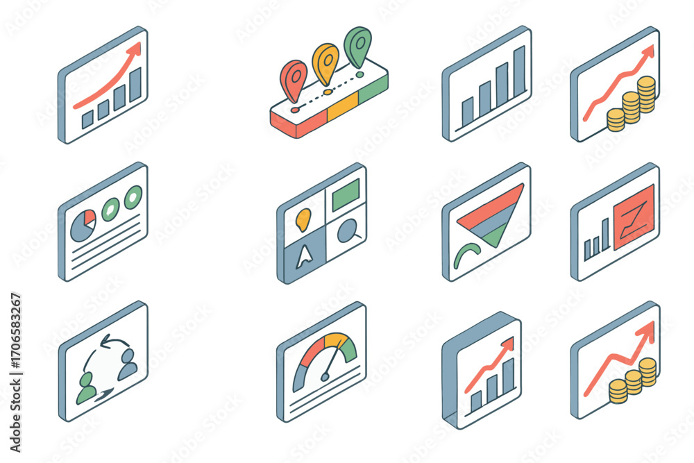 Poster data visualization icon set. analytics, charts, graphs in 3d styles for presentations