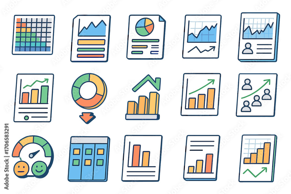 Aufkleber finance charts and graphs icon set. analytical, data, and stats collection in line style