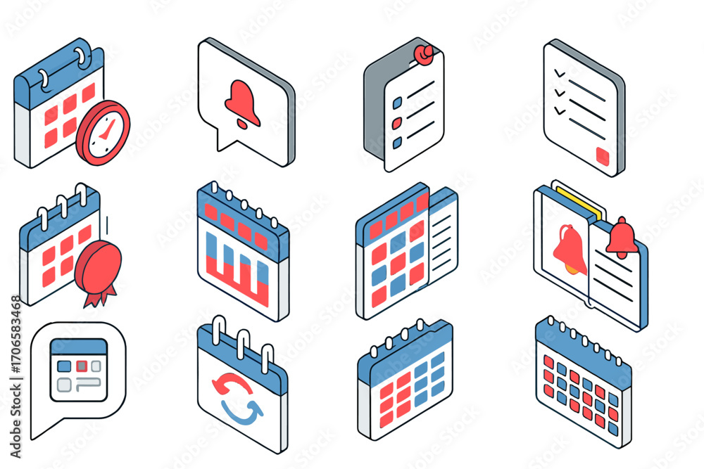 Poster event planning icon set. calendar and reminder 3d icons for organizing tasks