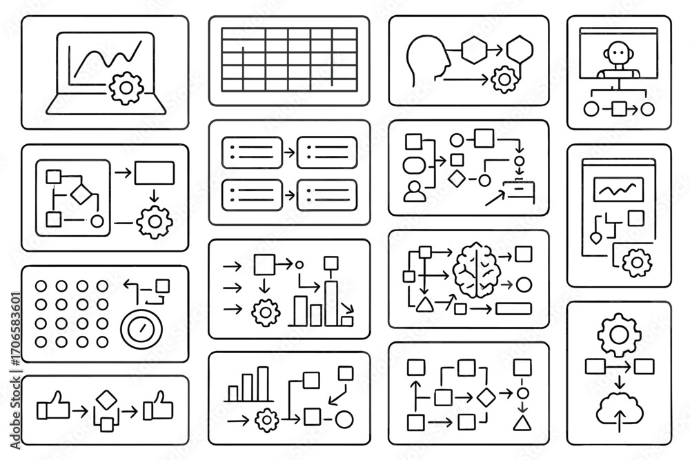 Poster data analysis line icon set. business, analytics, workflow, chart linear icons collection