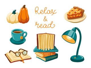 Cartoon vector set with books, pumpkins, tea cup, glasses, lamp and pie dessert. Isolated illustration on white background