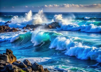 Fototapeta premium Deep blue ocean waves crashing against rocky shores