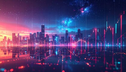 Futuristic city skyline at night with vibrant digital overlays