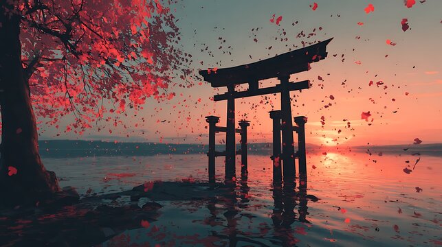Beautiful japanese torii gate with cherry blossoms at sunset scenic landscape wallpaper background image art 4k