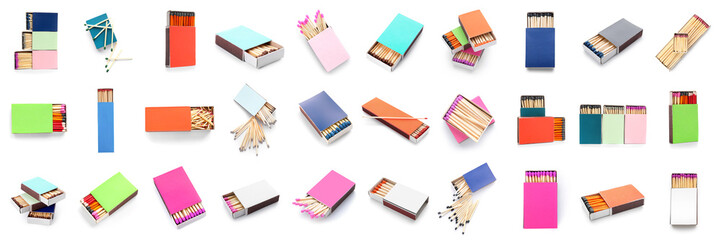 Set of many matches in boxes on white background