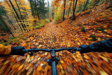 Biking through colorful autumn leaves on a wooded trail in the morning light