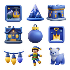 Fototapeta premium A colorful collection of winter-themed icons, featuring a snowy mountain, cozy cabin, and playful bear in a fun, artistic style.