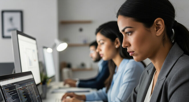 Vertical portrait middle eastern woman using computer technology app for work online.Focused professional financial it specialist latin hispanic business lady working on laptop pc sitting in office