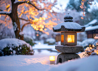 明かりの灯る石灯篭と雪の日本庭園