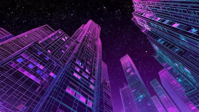 紫色の光彩に包まれた未来都市