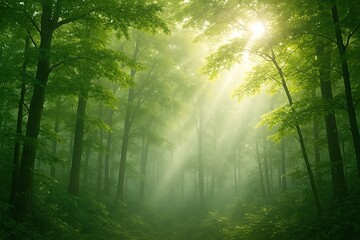 Sunlight filtering through lush green forest canopy creating an ethereal atmosphere and inspiring peace