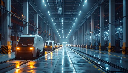 Futuristic warehouse with electric vans