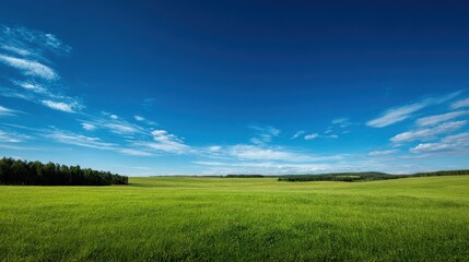 Obraz premium Vast Green Meadow Under Brilliant Blue Sky with Wispy Clouds and Distant Forest Edge, Serene Summer Landscape.