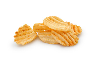 Spicy wavy potato chips with paprika isolated on white background	