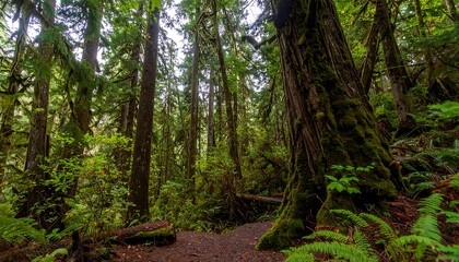 Obraz premium Lush, mossy forest trail winds through tall evergreens
