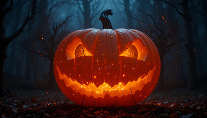 A menacing jack-o'-lantern glows ominously in a dark, misty forest, its carved face illuminated against the spooky backdrop.