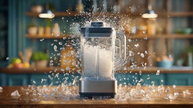 Medium shot showcasing a heavyduty highspeed blender crushing ice with intense power main container and blades in clear focus while surroundings fade softly