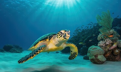 Fototapeta premium Sea turtle swimming in sunlit underwater scene