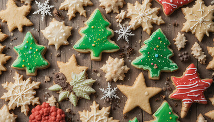 A delightful assortment of Christmas cookies, iced in various festive shapes and colors, arranged on a rustic wooden surface.