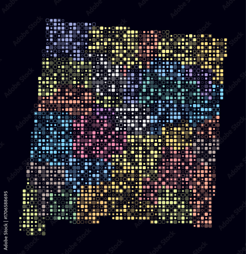 Poster new mexico, shape of the state build of colored cells. digital style map of the new mexico on dark b