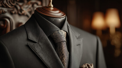Black suit displayed on vintage wooden hanger in minimal boutique setting, moody cinematic light, refined atmosphere