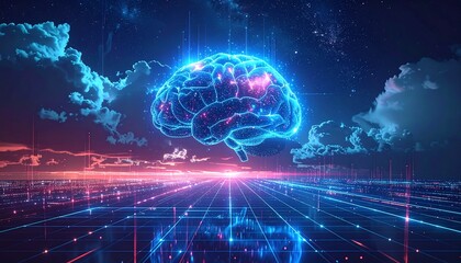 Futuristic brain above a digital cityscape