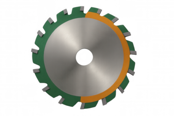 Circular saw blade with sharp teeth, green and orange segments, on a transparent background, perfect for construction and diy tasks