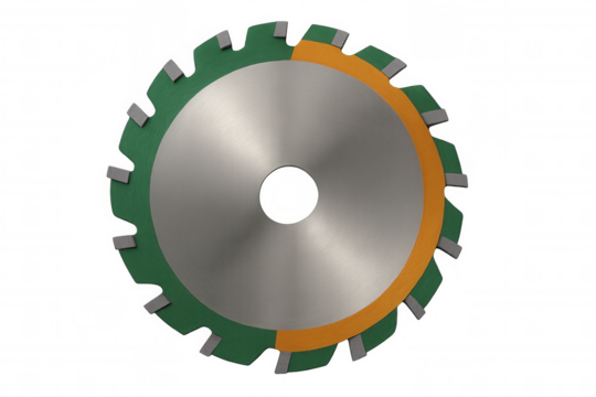 Circular saw blade with sharp teeth, green and orange segments, on a transparent background, perfect for construction and diy tasks