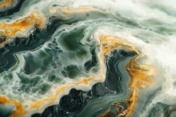 Close-up of swirling green and gold onyx stone, showcasing its intricate patterns and textures.