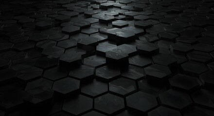 Dark hexagonal pattern background, abstract geometric shapes, modern technology concept, sleek and minimalist design.