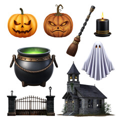 A spooky Halloween scene featuring pumpkins, a ghost, a witch's broom, a cauldron, and an old church, perfect for themed decorations.